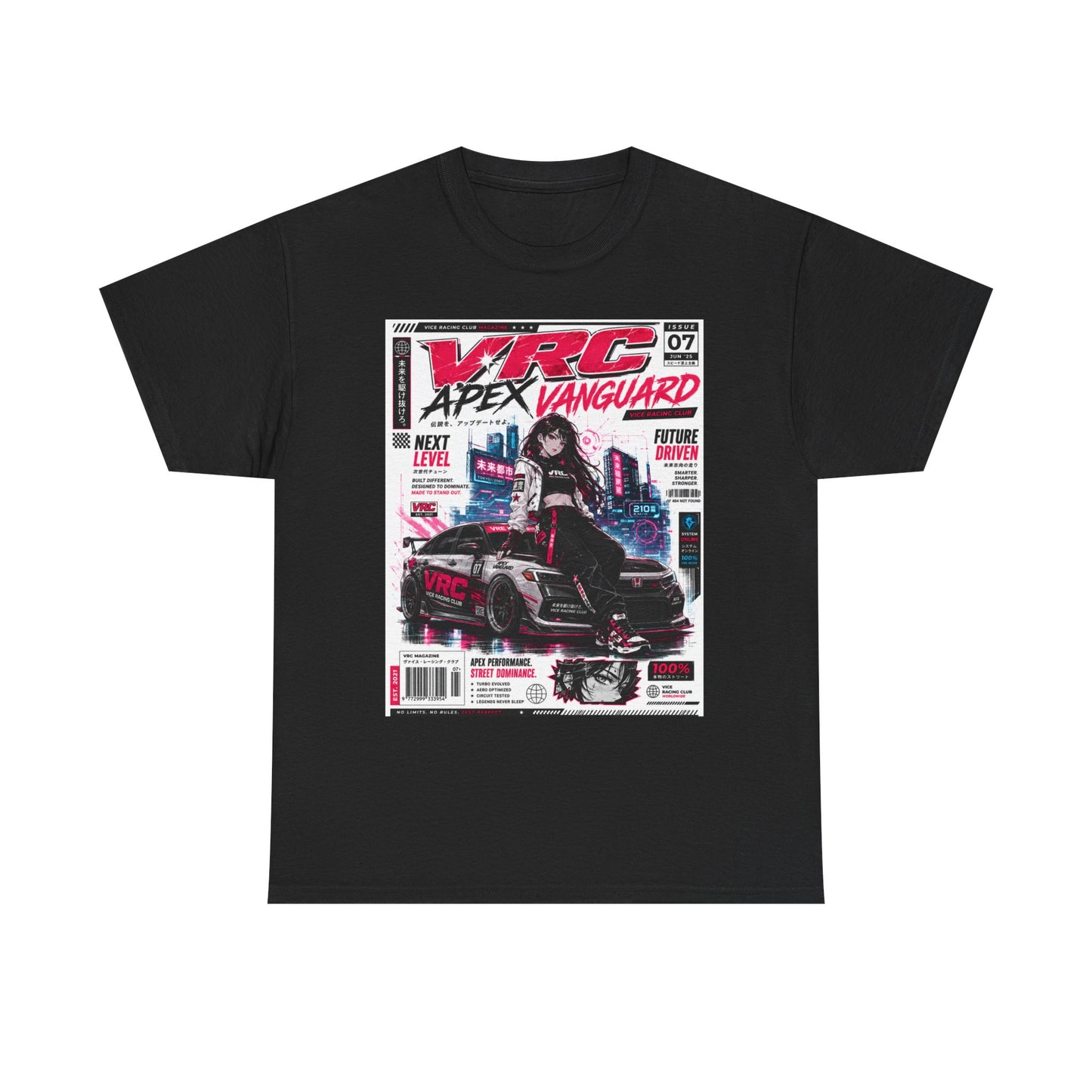 Apex Vanguard Racing Tee — Cyberpunk Car Magazine Graphic Shirt
