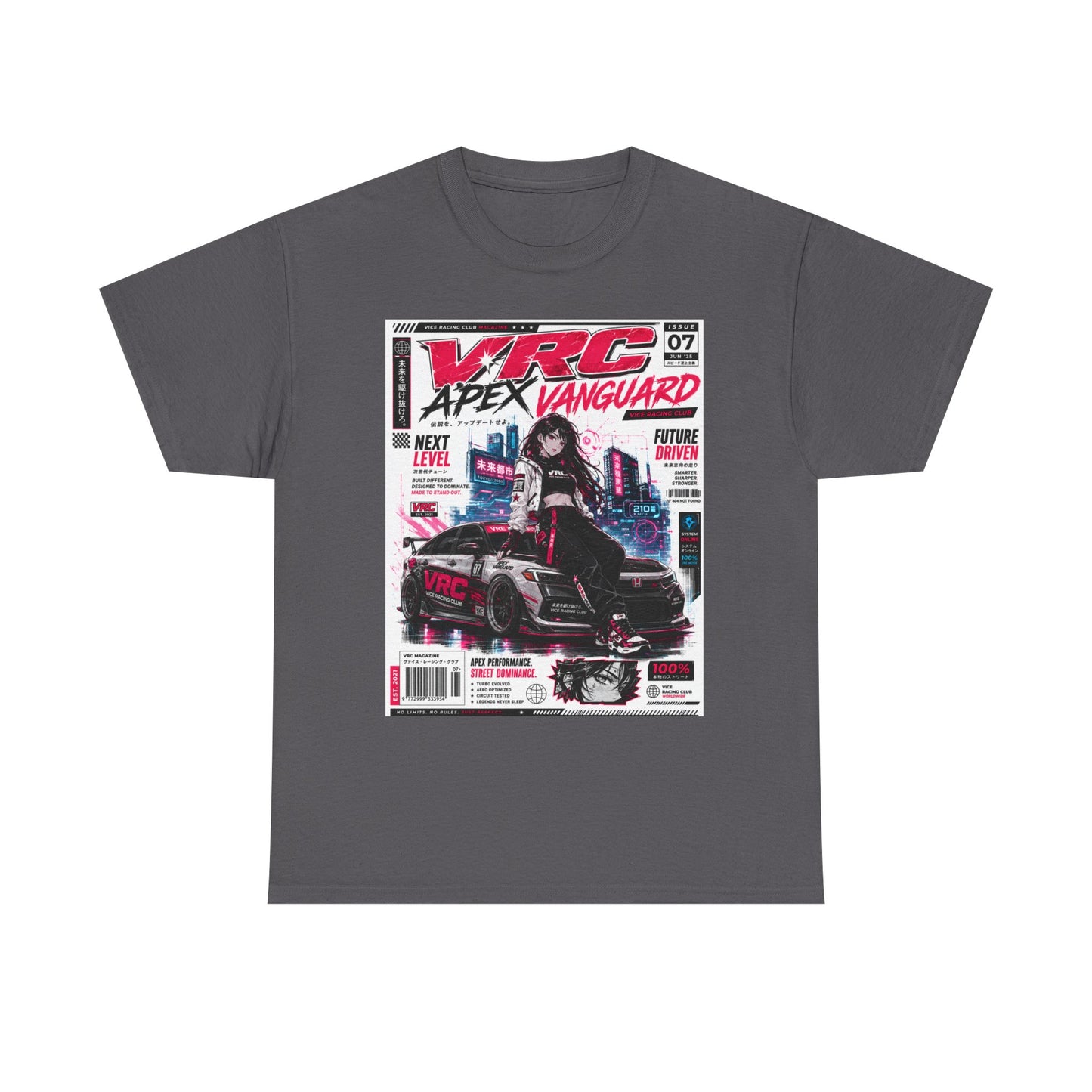 Apex Vanguard Racing Tee — Cyberpunk Car Magazine Graphic Shirt