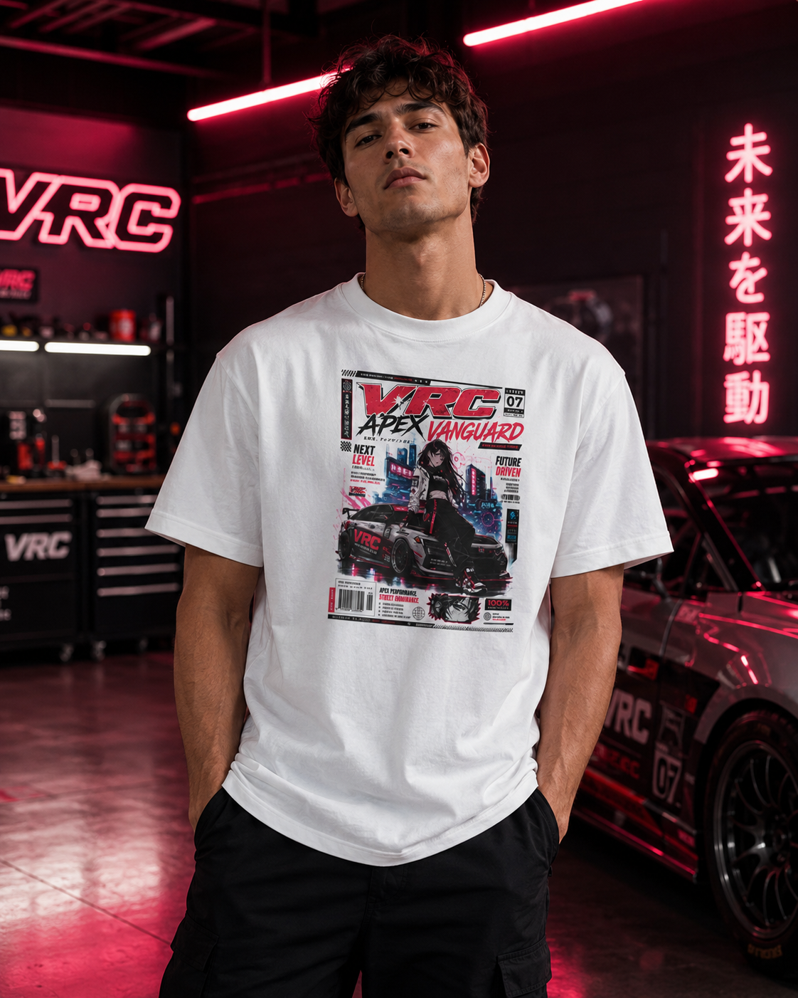 Apex Vanguard Racing Tee — Cyberpunk Car Magazine Graphic Shirt