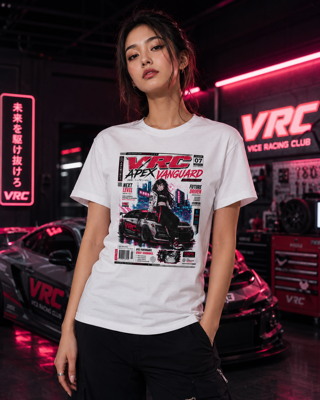 Apex Vanguard Racing Tee — Cyberpunk Car Magazine Graphic Shirt