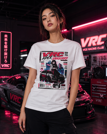 Apex Vanguard Racing Tee — Cyberpunk Car Magazine Graphic Shirt