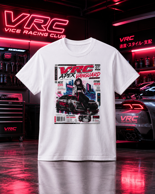 Apex Vanguard Racing Tee — Cyberpunk Car Magazine Graphic Shirt