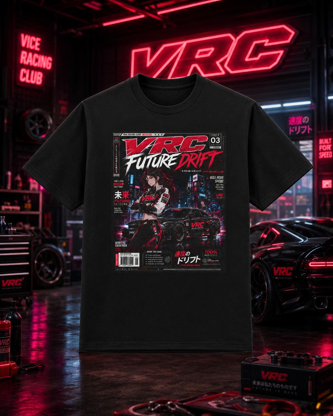 Future Drift Tee — Vaporwave Racing Graphic T-Shirt with "VRC Future Drift" Design