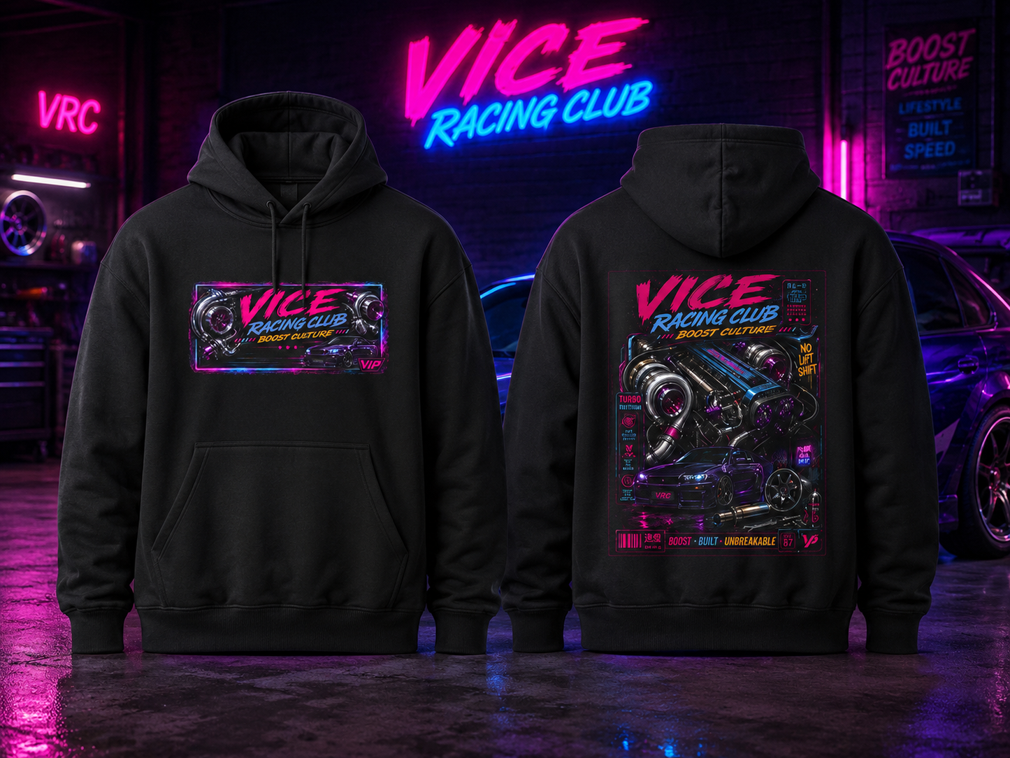 Vice Racing Club Boost Culture Hoodie – Neon JDM Turbo Street Racing Graphic Hoodie