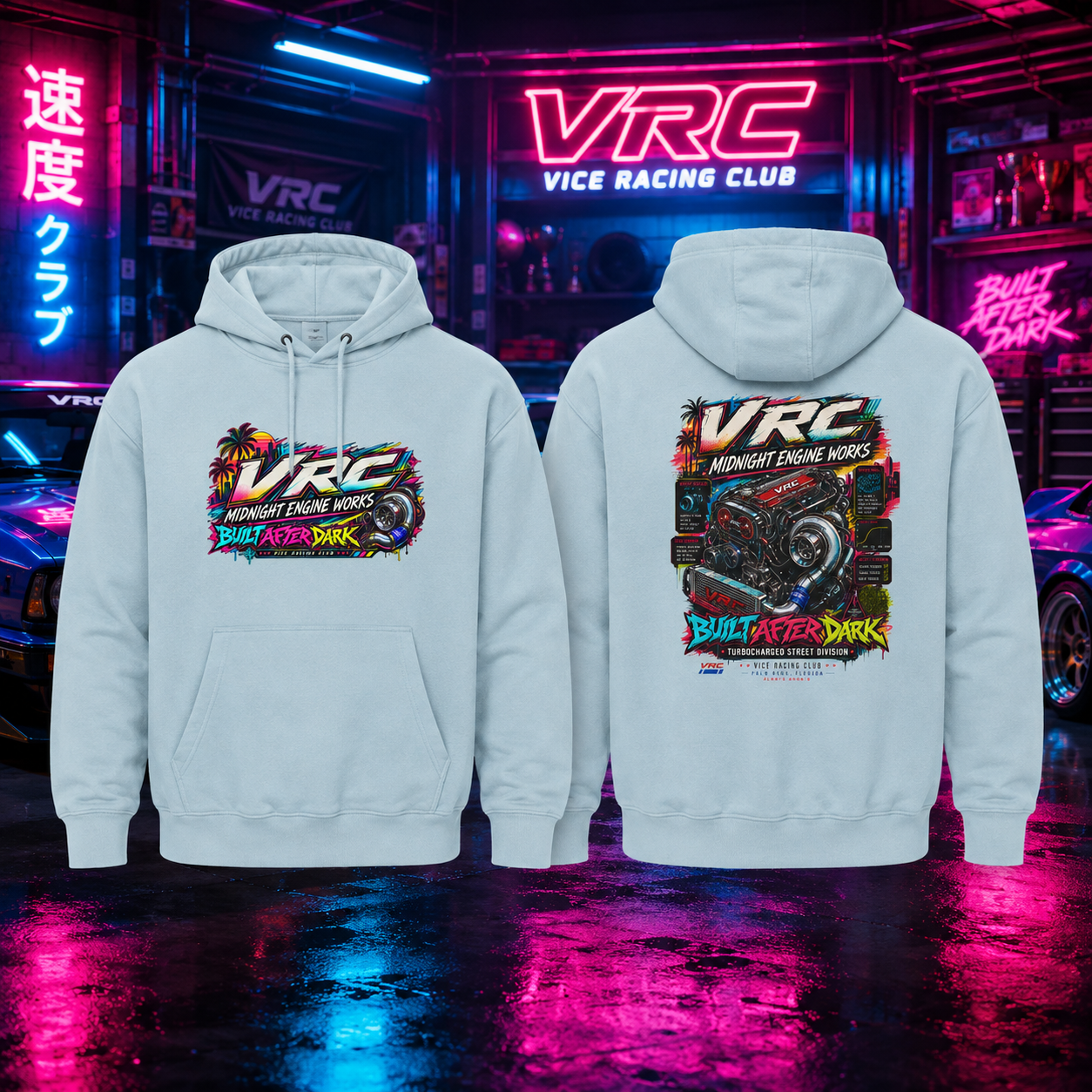 VRC Midnight Engine Works Hoodie – Built After Dark Turbo Racing Hoodie